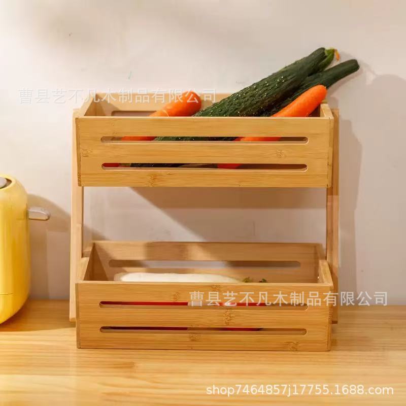 台所の食べ物をカスタマイズしてバスケットを収納する二重木製果物野菜スナックパンバスケット竹木テーブル整理棚|undefined