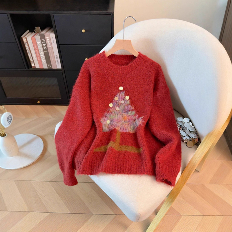 Christmas Tree Sequin Round Neck Pullover Red Knitwear Women's Autumn and Winter 2025 New Style Super Nice Loose Knitwear Top
