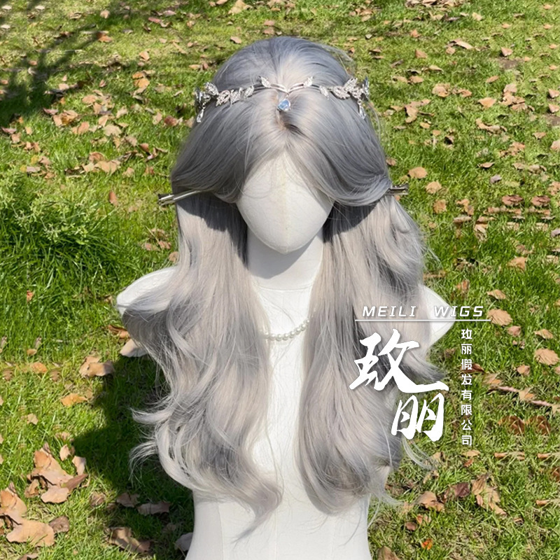Cross-border new wig silver gray long bangs big wave curly hair simulation scalp upgrade hair full-head wig