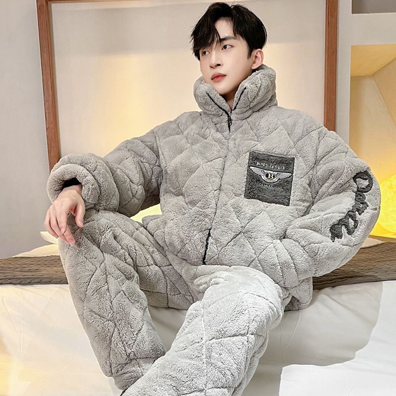 Men's Winter Pajamas Three-Layer Quilted Thickeneded Fleece-Lined Warm Bentley Youth Boys Coral Velvet Ultra-Thick Home Clothes