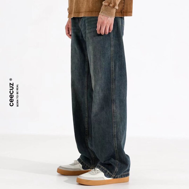 2024 new autumn and winter pure color washed mop jeans loose straight Korean style versatile Denim trousers men's fashion