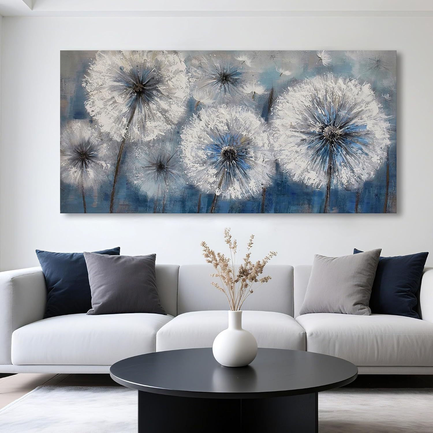 Dandelion Wall Art Blue Large Painting Canvas Art Wall Decoration for Living Room White Floral Wall Above the Bed