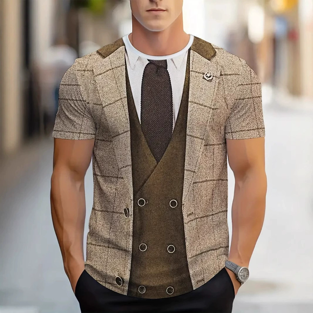 Трансграничная креветочная шкура TEMU с короткими рукавами мужская летняя футболка новая модная модель с принтом топ с круглым вырезом поддельные две части