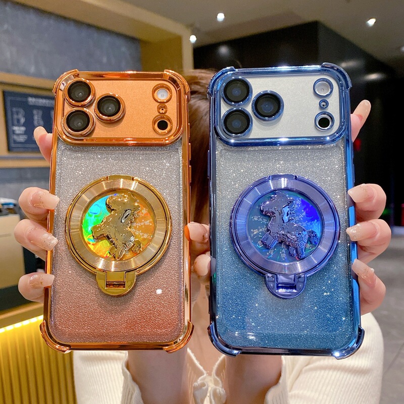 Use iPhone 17 Pro Electroplated Gradient Glitter Four-Corner Phone Case with Apple 16 Rotating Pony Stand Soft Case