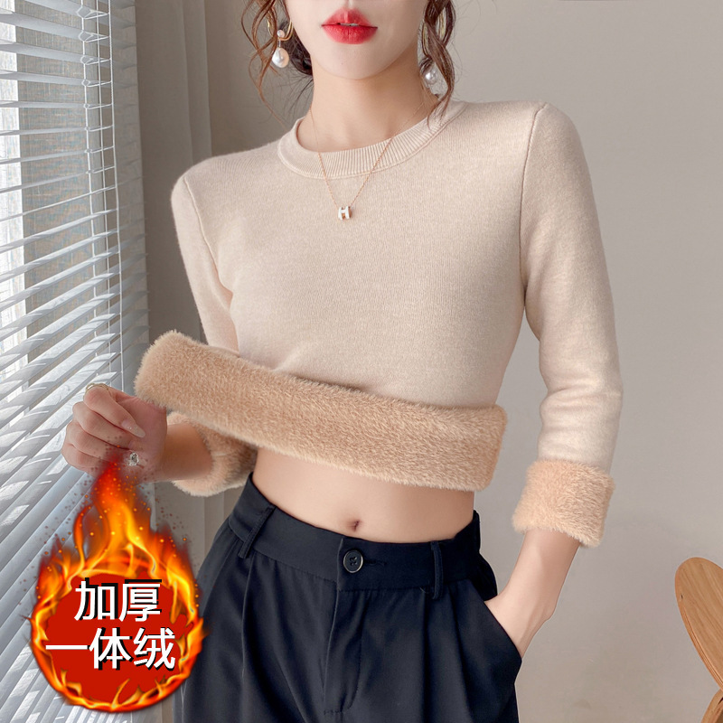 秋冬季女装加绒加厚毛衣女一体绒圆领内搭打底针织衫修身保暖上衣|undefined