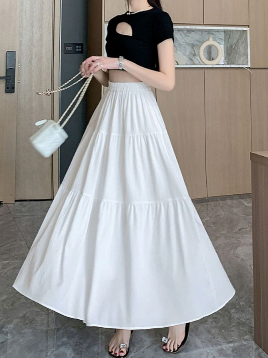 Cross-Border Ins Fashion Versatile Pleated Lining High-Waisted Mid-Length Slimming Cake Long Skirt for Women