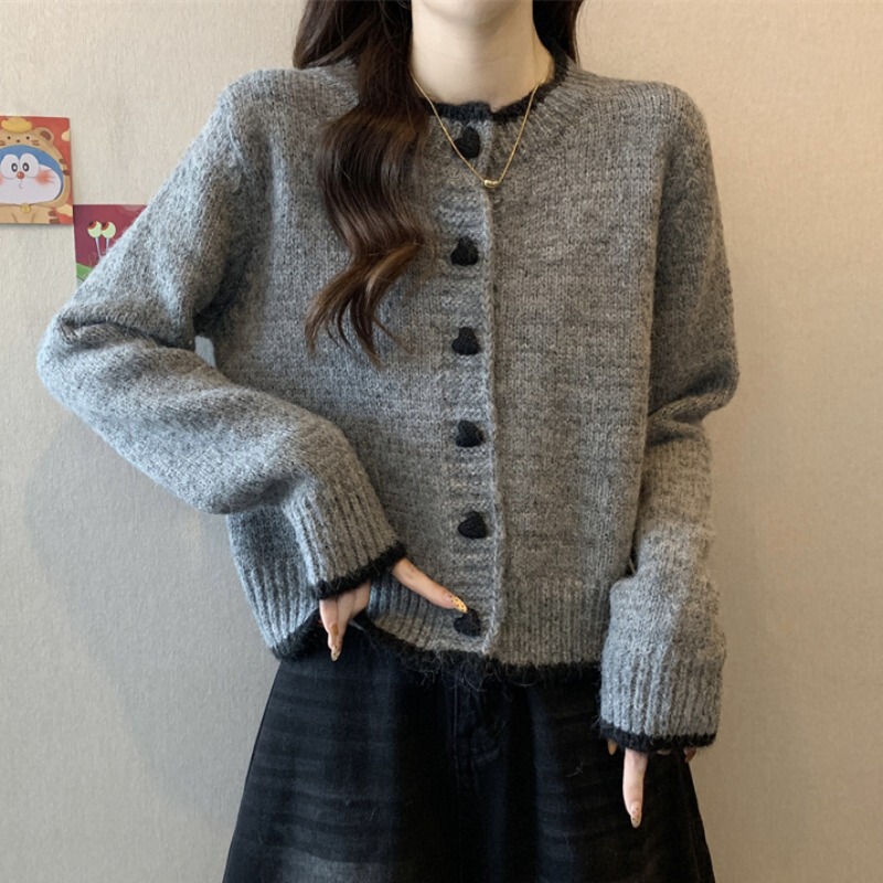 毛衣外套女2025秋冬新款设计感拼色爱心纽扣针织开衫短款长袖上衣|undefined