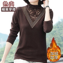 加绒加厚打底衫女2023年新款秋冬保暖内搭半高领蕾丝网纱黑色上衣