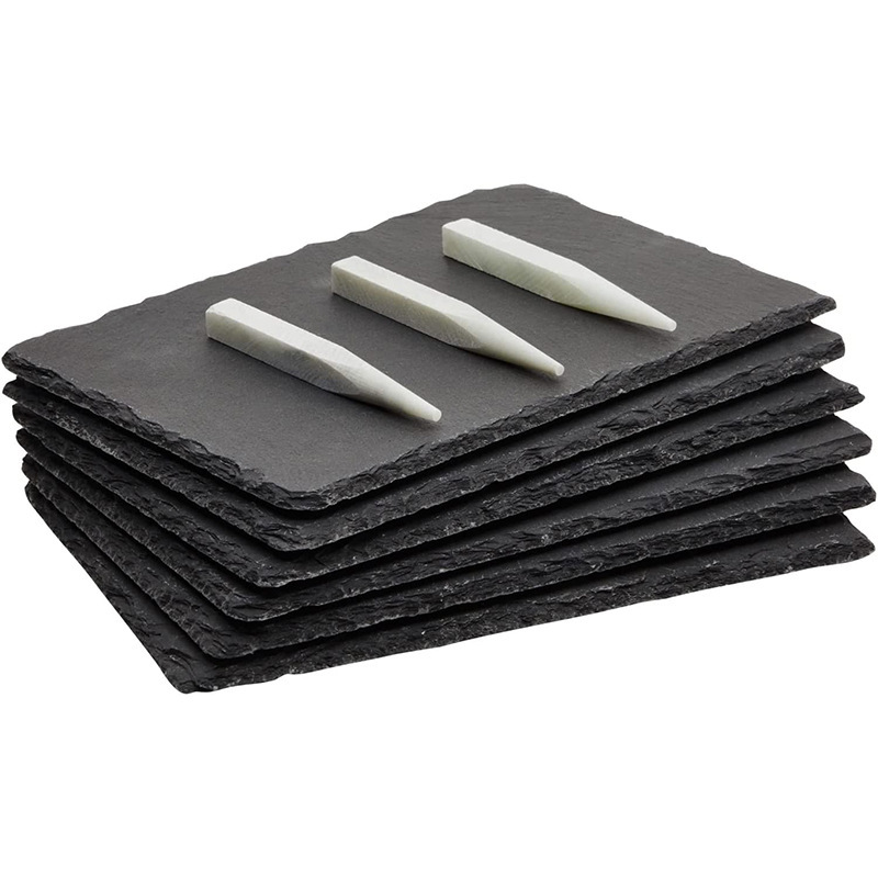 6-Piece Set of Slate Cheese Plates, Steak Plates, and Dinner Plates, Includes 3 Stone Pens