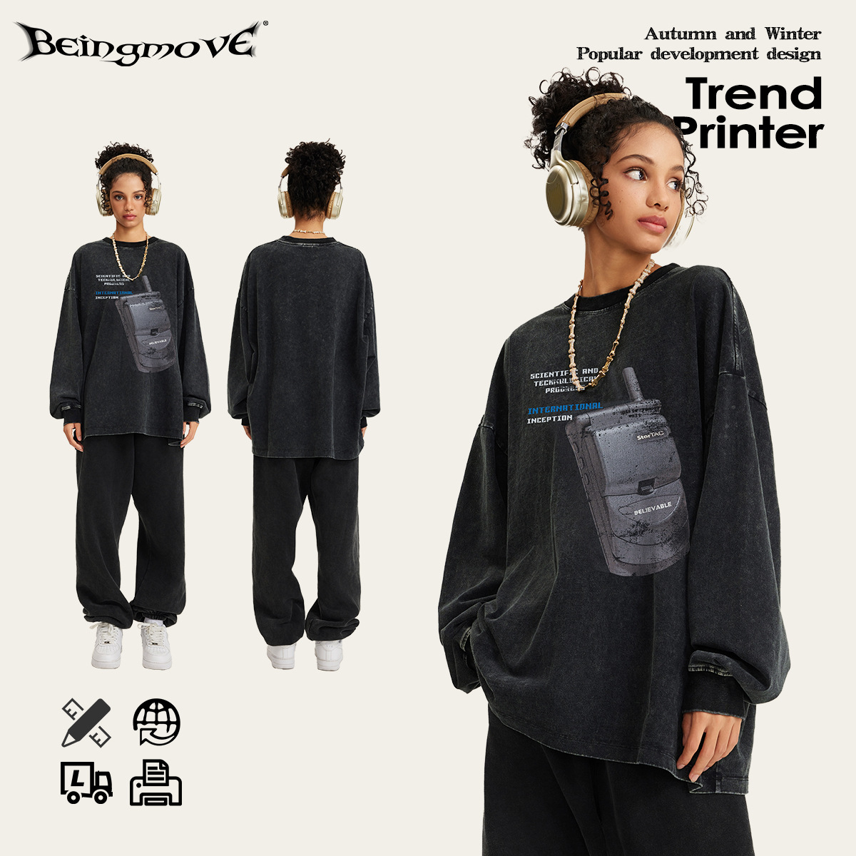 2025 otoño retro americano PHS impresión de inyección directa y2k camisetas de manga larga de cuello redondo de gran tamaño personalizadas para hombres
