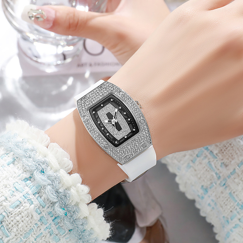 Barrel-shaped Diamond-inlaid Quartz Strap Women's Watch Fashion Trendy Temperament Ladies Wristwatch Silicone Watch Wholesale White
