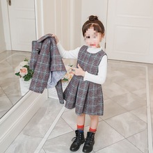 女童春秋外套毛呢格子两件套新款童装中小童韩版时髦洋气连衣裙