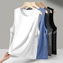 メンズ丸襟ノースリーブベストカンフーアイス夏ランニング上半身氷感スポーツベスト速干ノースリーブtシャツ