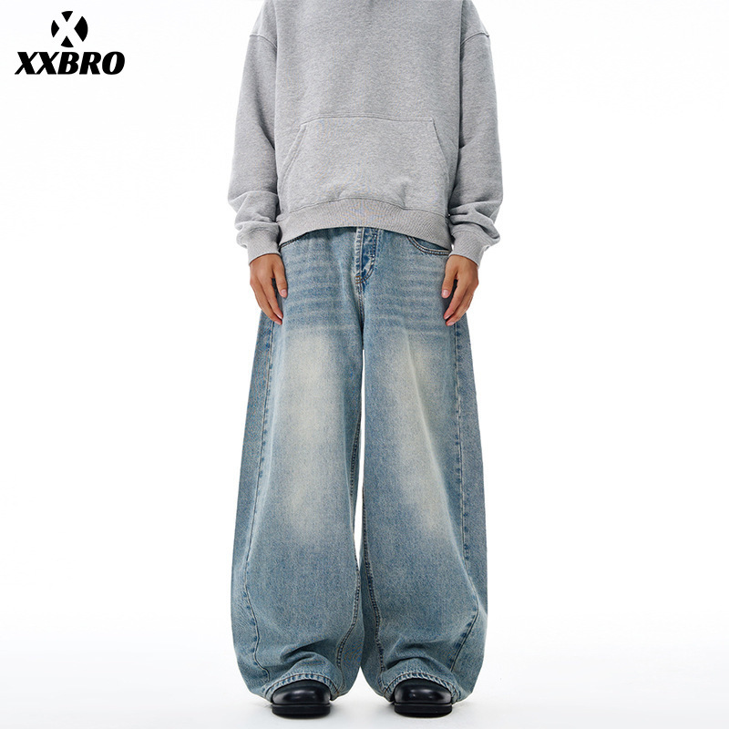 Muxi Clothing # American-Style Blue Scimitar Jeans for Men and Women, Washed, Oversized, Vintage, Slimming, Wide-Leg Pants.