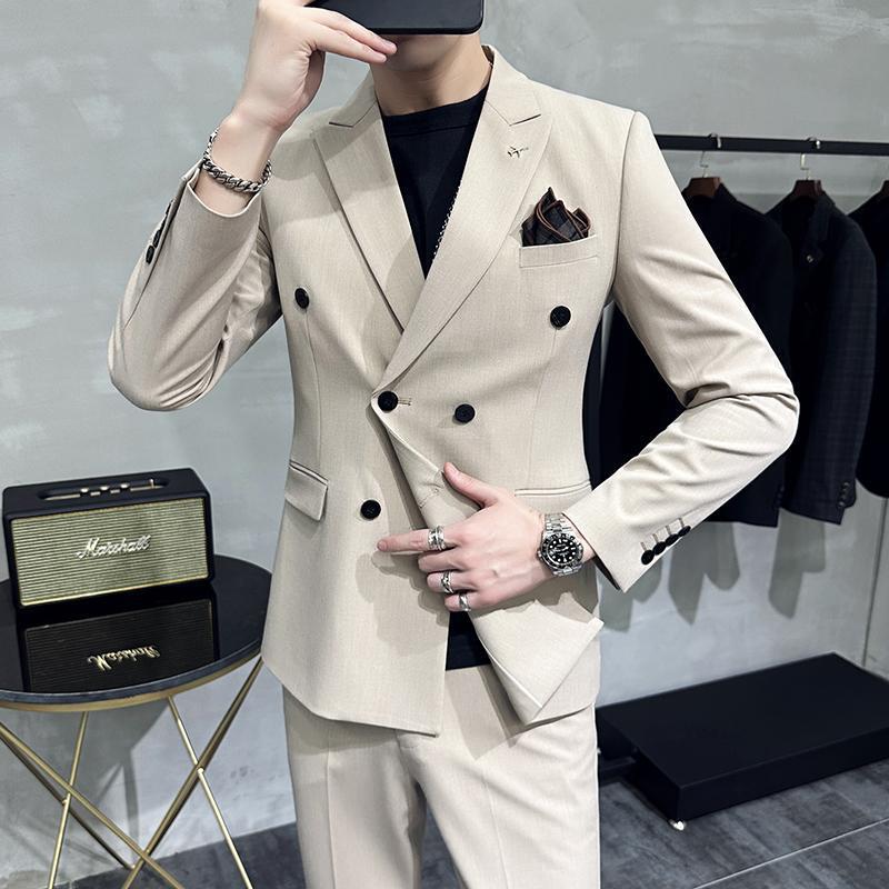 Suit men's suit high-quality business formal wear double-breasted men's suit trendy men's Korean-style slim fit casual three-piece suit men