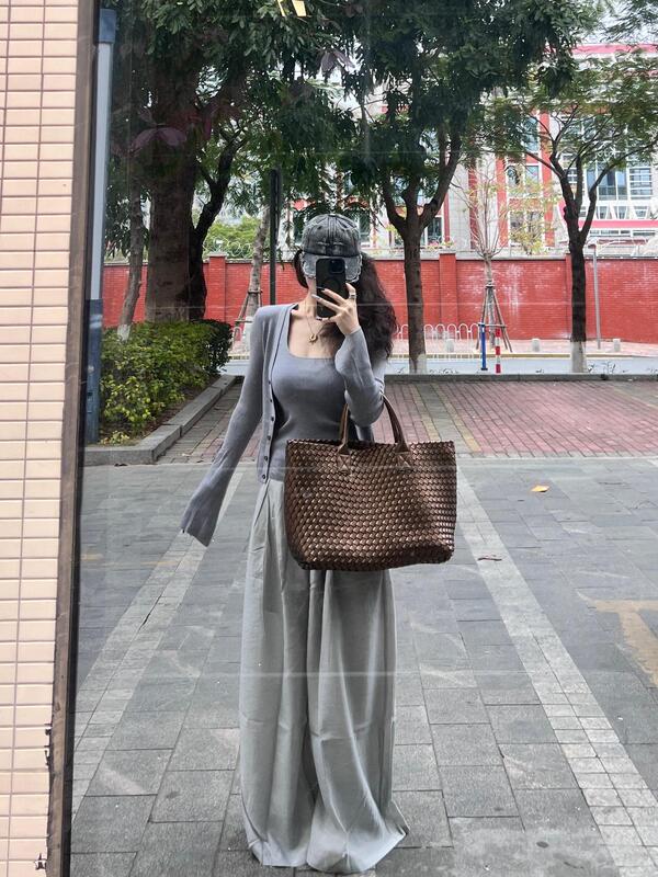 韩系早秋新款慵懒显瘦修身套装灰色吊带外搭针织开衫两件套上衣女|undefined