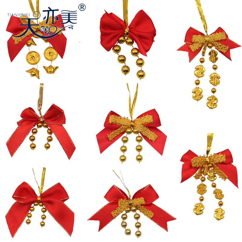 Hermosas cuentas Rojas brillantes decoración de Navidad arco regalo de Navidad colgante Lazo de la cinta