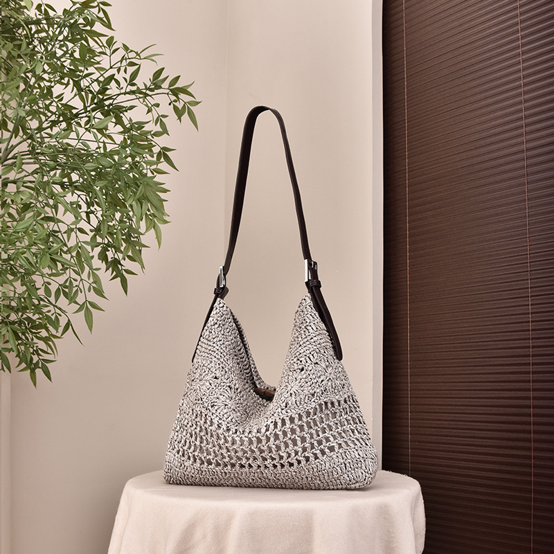 Handmade Crochet Raffia Woven Large Leather Bag 2026 New Women's Tote Bag Vacation Style Beach Straw Bag - Thumbnail 5