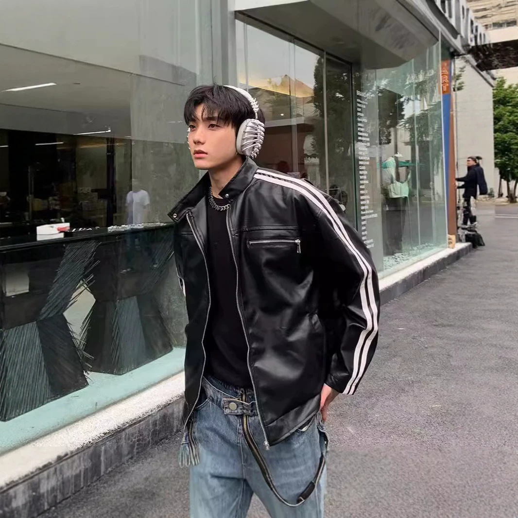 秋季美式撞色条纹PU皮衣短款外套男女潮牌宽松情侣短款机车服夹克