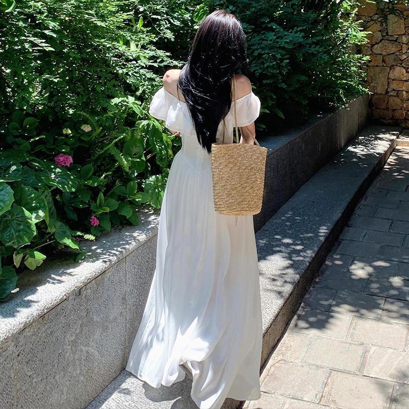 白色连衣裙女夏季2025新款长款收腰方领荷叶边一字肩飞飞袖a字裙|undefined