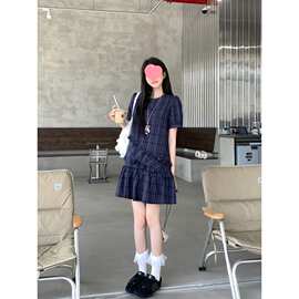 大码韩系感蓝色格纹短袖遮肚连衣裙胖夏季新款学院风裙子图片色