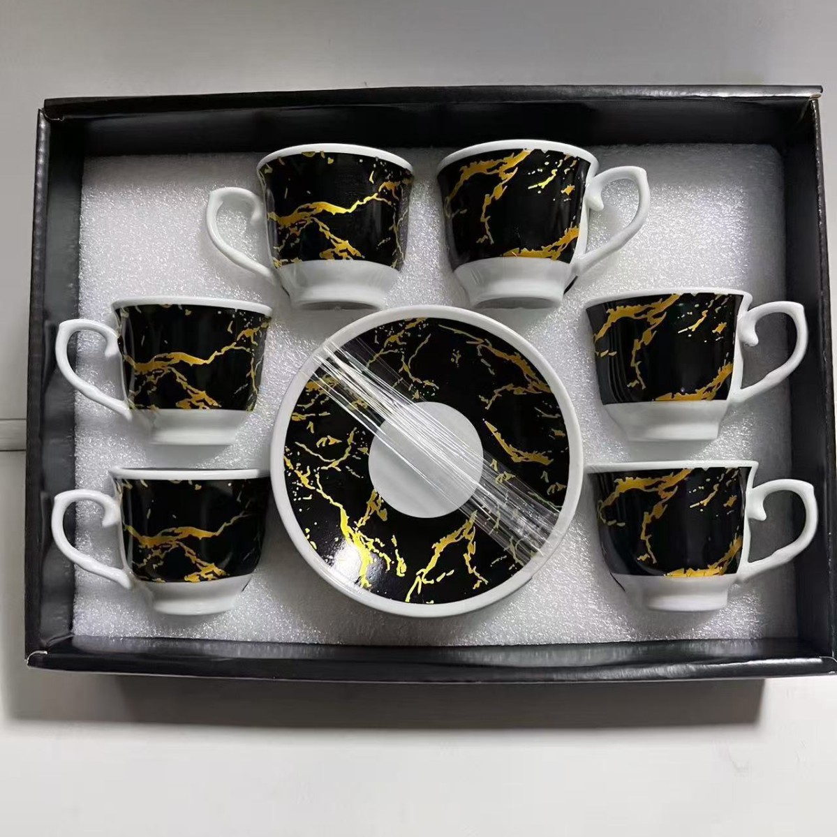 Nuevo conjunto de tazas de café de cerámica europea, tazas de café de estampado transfronterizo, 6 tazas de café de Oriente Medio, 6 platos de café de la tarde