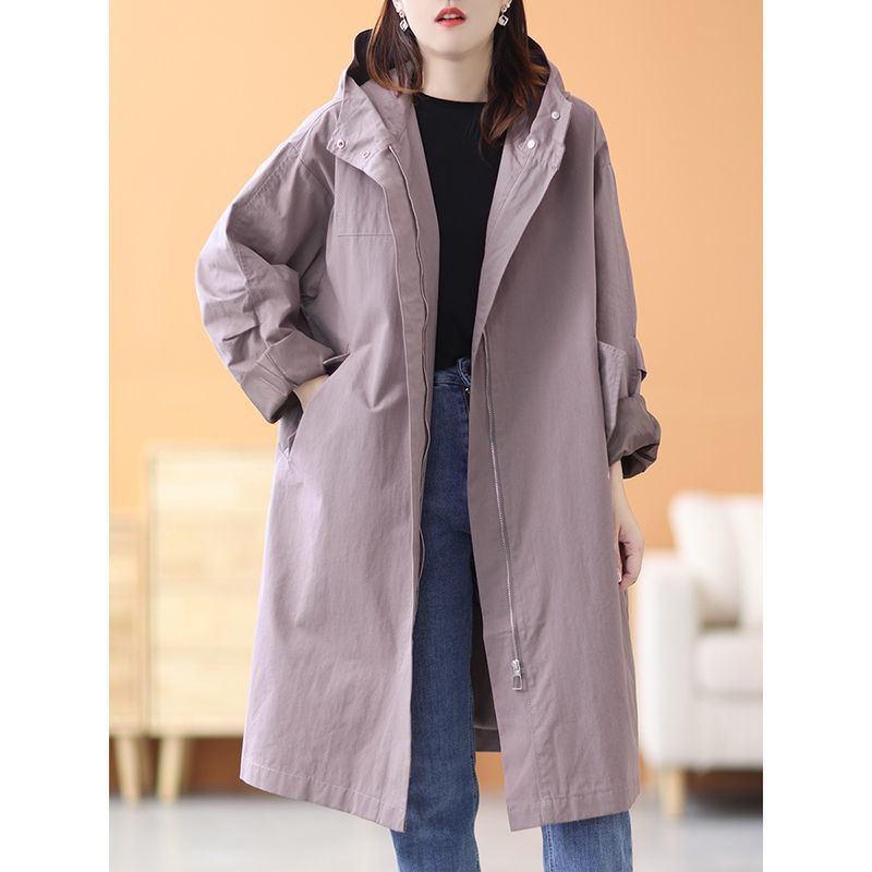 Plus Size Women's Autumn and Winter Korean Style Loose Workwear Parka Hooded Windbreaker Women's Mid-Length Spring and Autumn Jacket Women