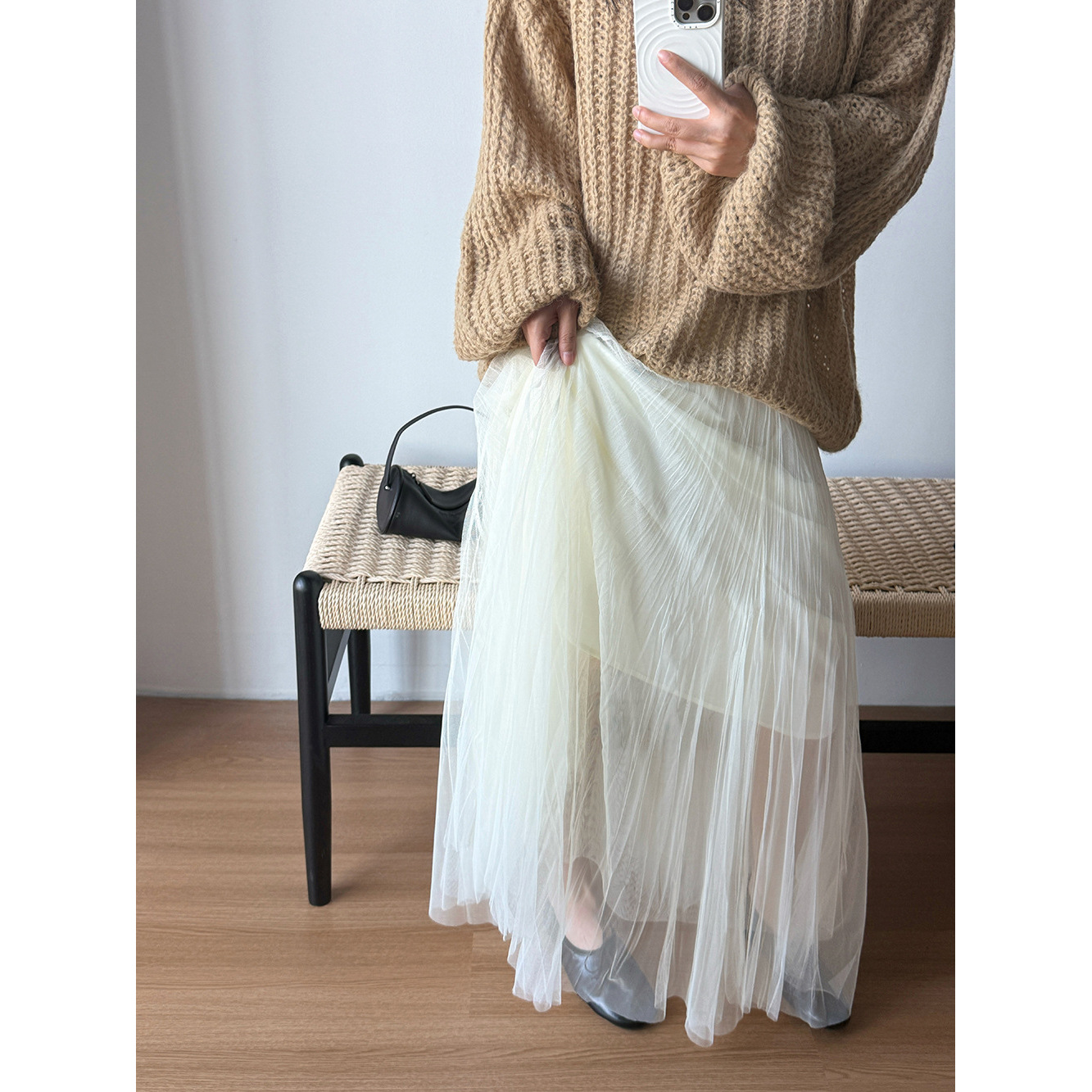 【王琪芝】百褶垂感网纱半身裙女秋中长款高腰A字大摆裙纱裙WQ365