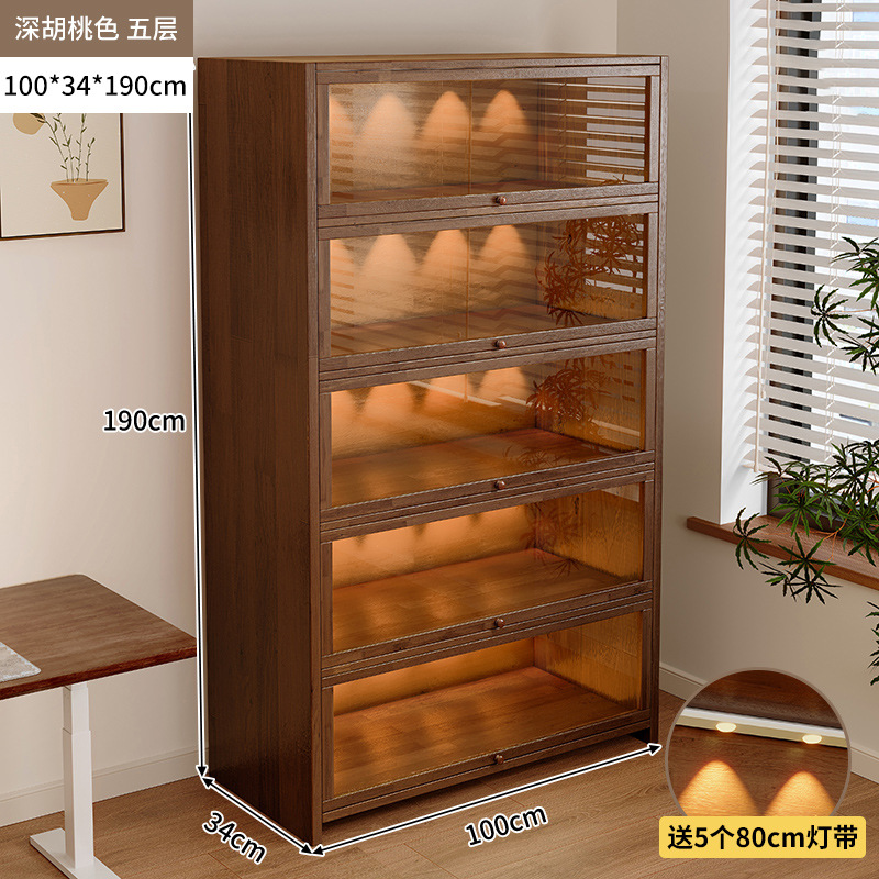 Librería de madera maciza a prueba de polvo integrada contra la pared Armario de almacenamiento de color nogal Armario de almacenamiento Armario de piso Estantería para el hogar