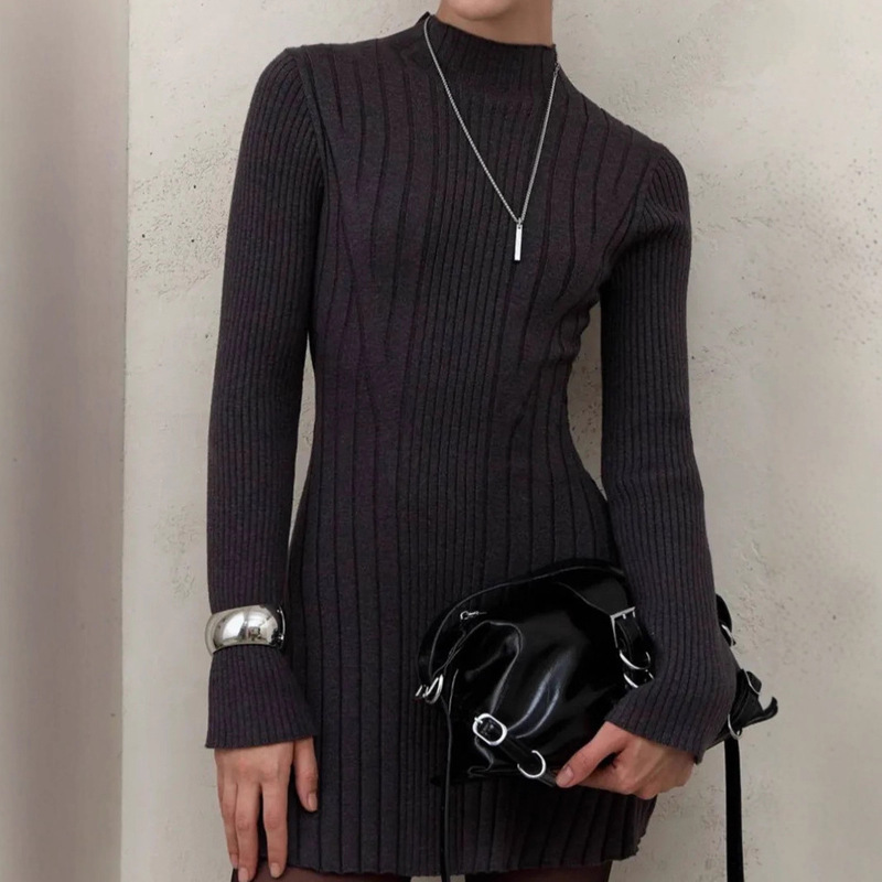 Long-Sleeved Half Turtleneck Dress Knitted Skirt 2025 Spring Export European and American Elegant Playful A-Line Skirt