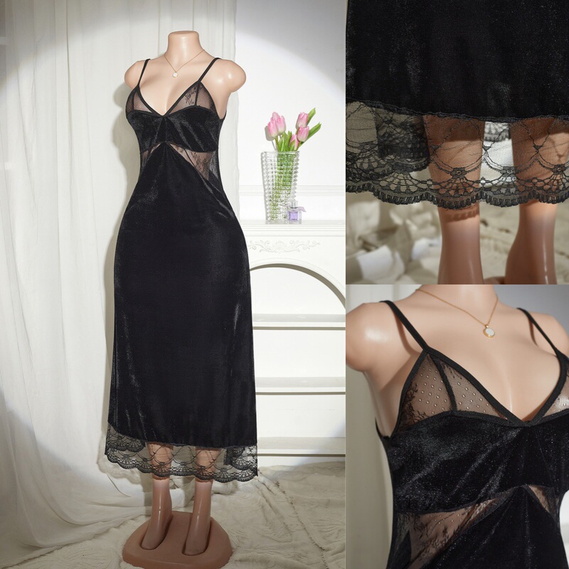 European and American Cross-Border Velvet Sexy See-Through Lace Camisole Long Dress Home Sleepwear Factory European and American Cross-Border Velvet Sexy See-Through Lace Camisole Long Dress Home Sleepwear Factory