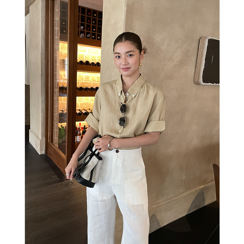 Evertrue 100% Linen Shirt for Women 2026 Summer Old Money Style Short-Sleeve Turn-Down Collar Embroidered Top 60086