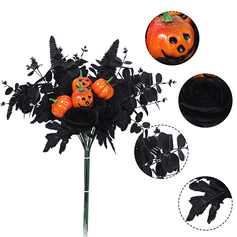 国境を越えたシミュレーション黒カエデカボチャクリスマス黒金銭葉人工花家庭ハロウィーン装飾品|undefined