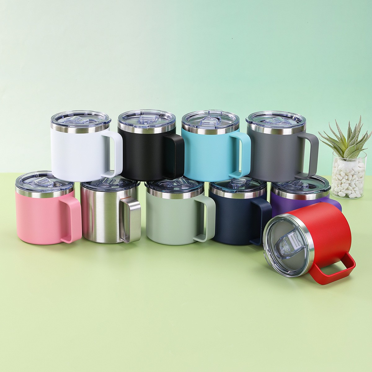Suministro exclusivo transfronterizo de tazas con aislamiento al vacío de doble capa de acero inoxidable 304, taza de oficina estilo americano de 14 oz con asa.
