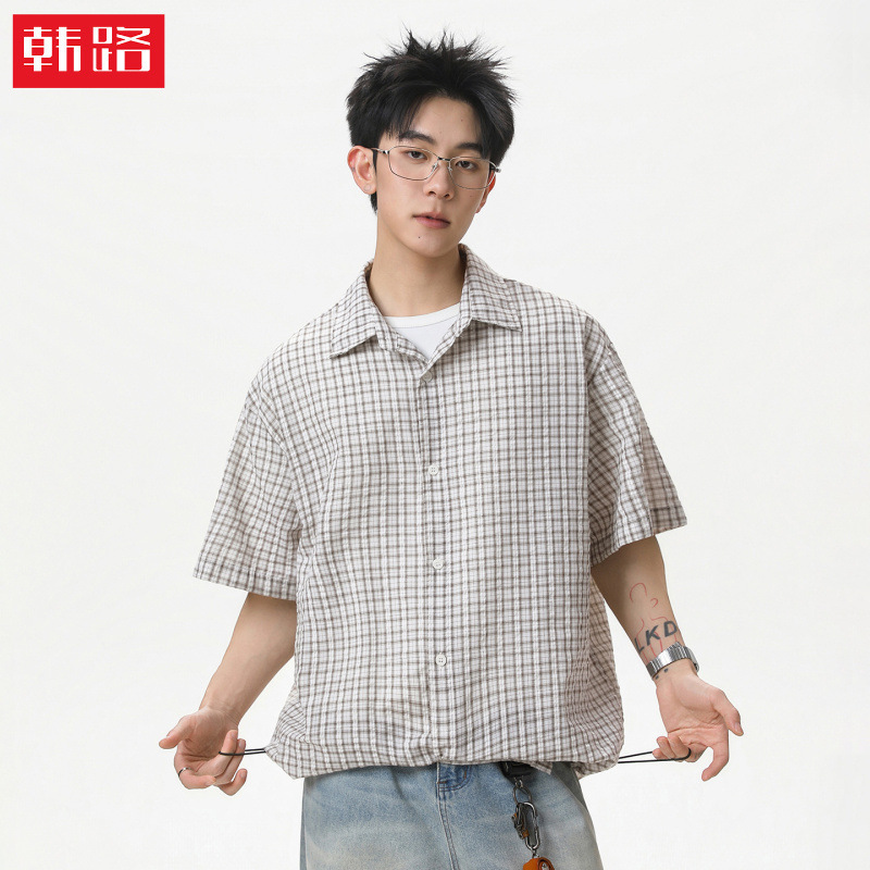 Contrast Color Plaid Boxy Short-Sleeved Shirt, New Summer Style, Adjustable Hem, Loose Casual Small Plaid Shirt Jacket Q