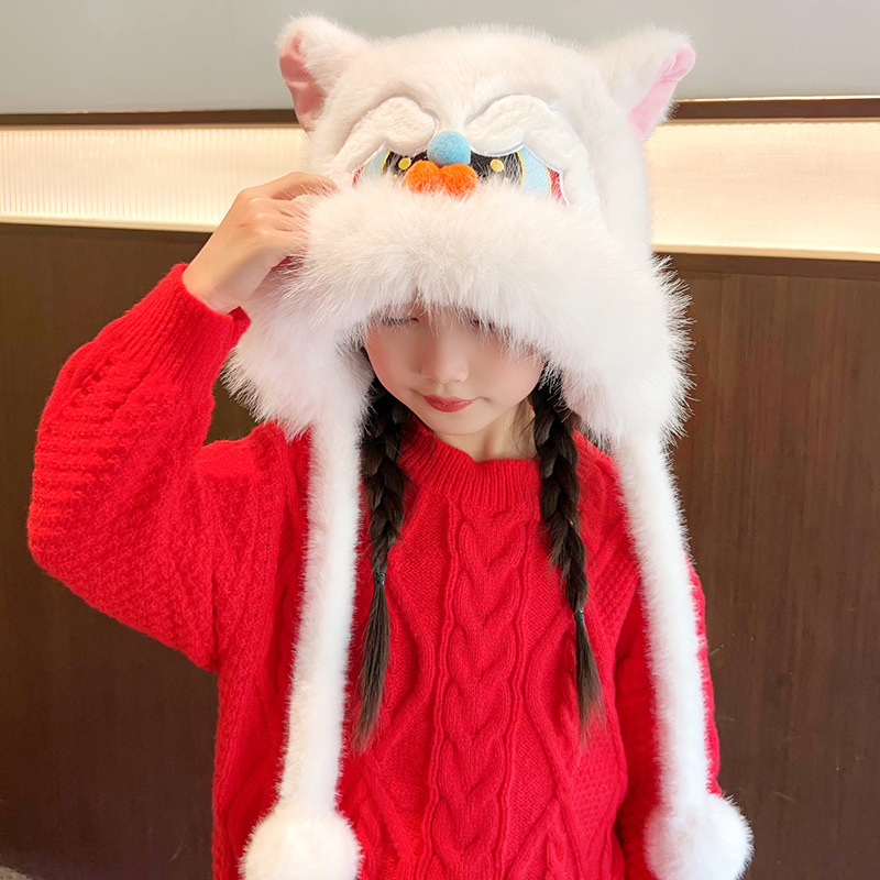 国潮醒狮红色帽子可爱学生儿童过年新年虎头帽女冬天加厚保暖毛绒|undefined