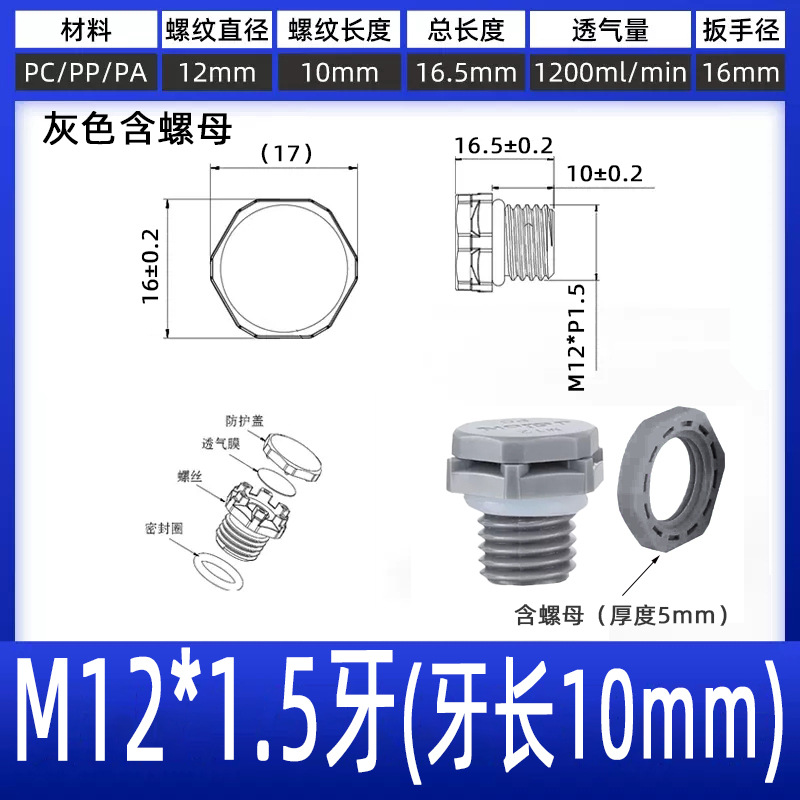 M12*1.5 thread (10 thread length) gray with nut