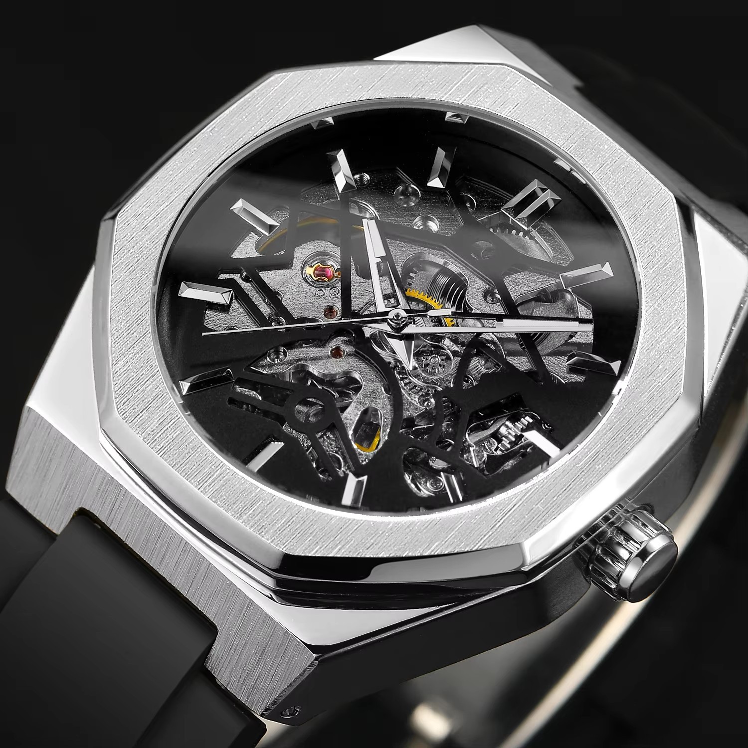 Men's Mechanical Skeleton Watch Silver Automatic Rubber Strap_voghion.com