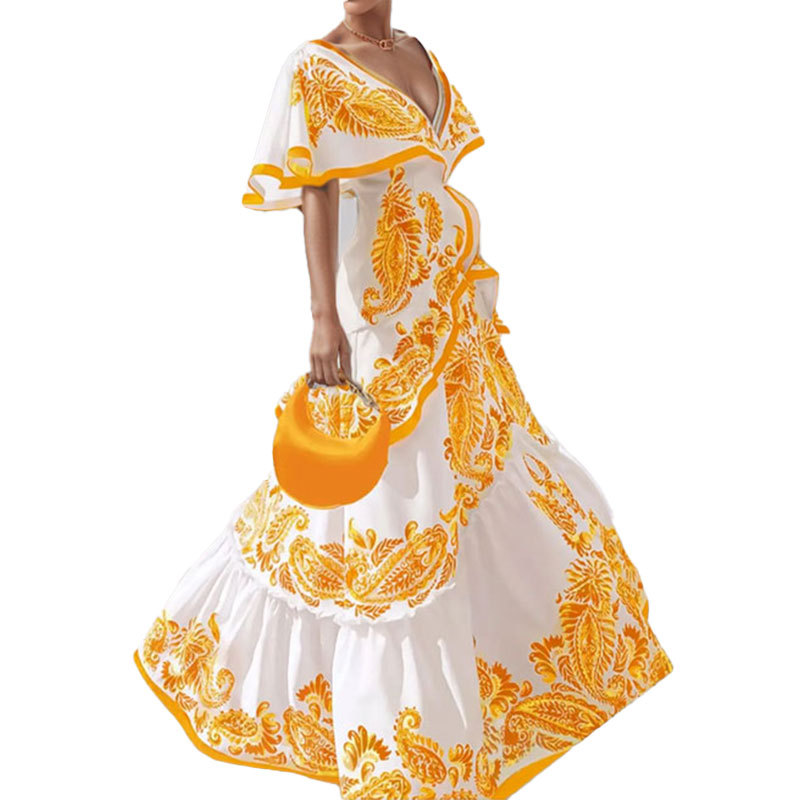 Pre-Sale Spring Fashion Idyllic V-Neck Waist Swing Printed Dress_ecoleips.com