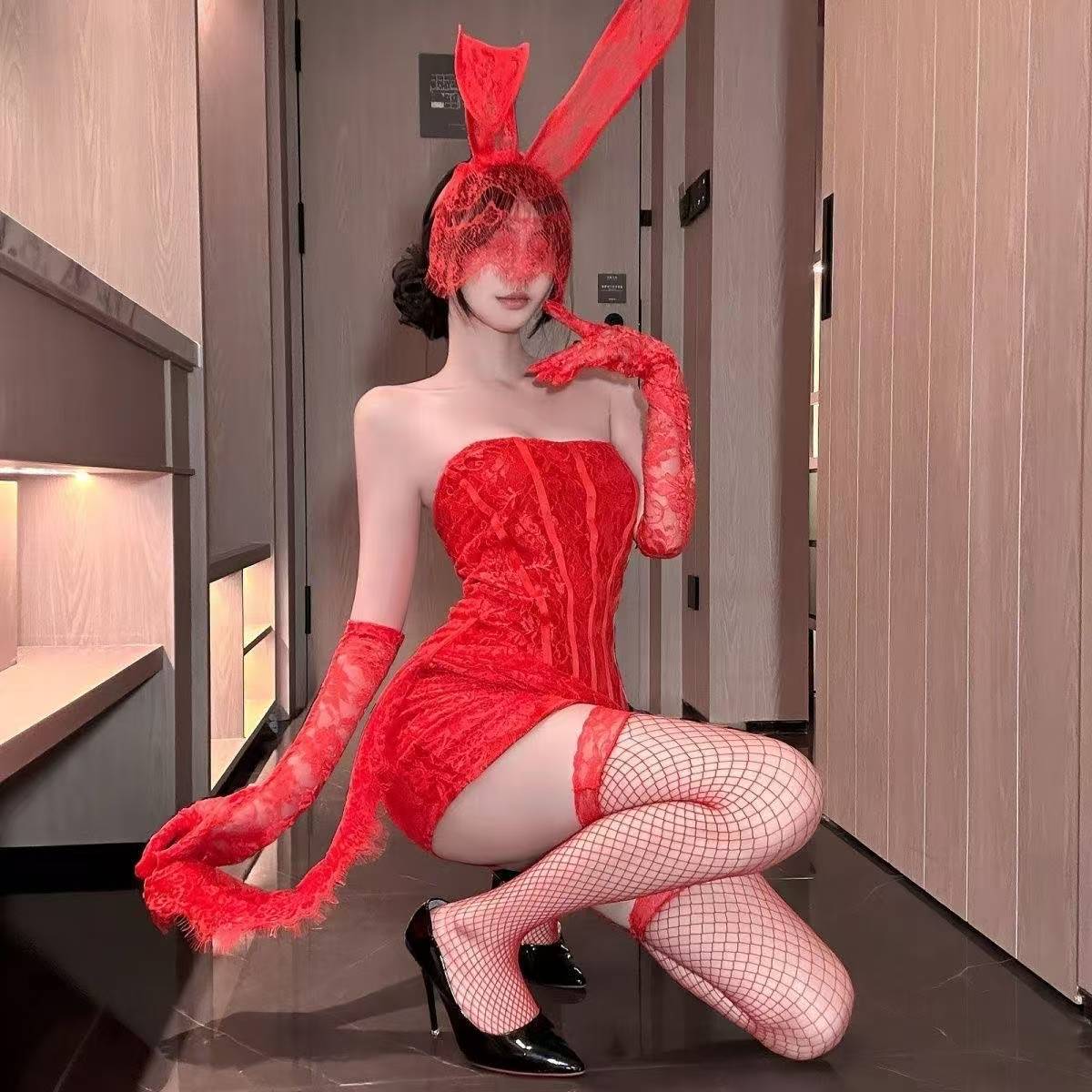 Lace Strapless Mini Dress Costume with Gloves, Stockings and Cat Ears, White One Size — detail image 5