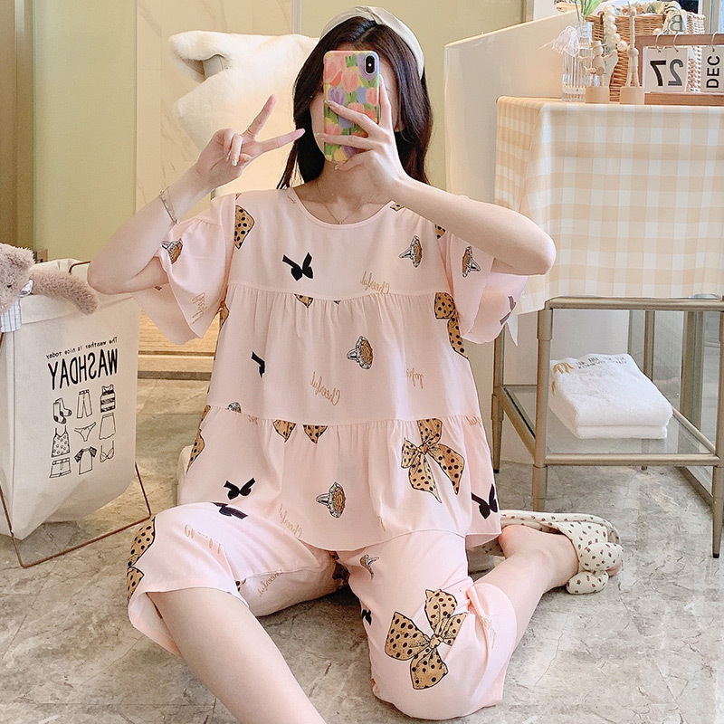 Pijamas de seda de algodón de manga corta de verano Estilo occidental de las mujeres aire acondicionado Delgado desgaste del hogar Chica japonesa dulce estudiante de algodón traje de seda