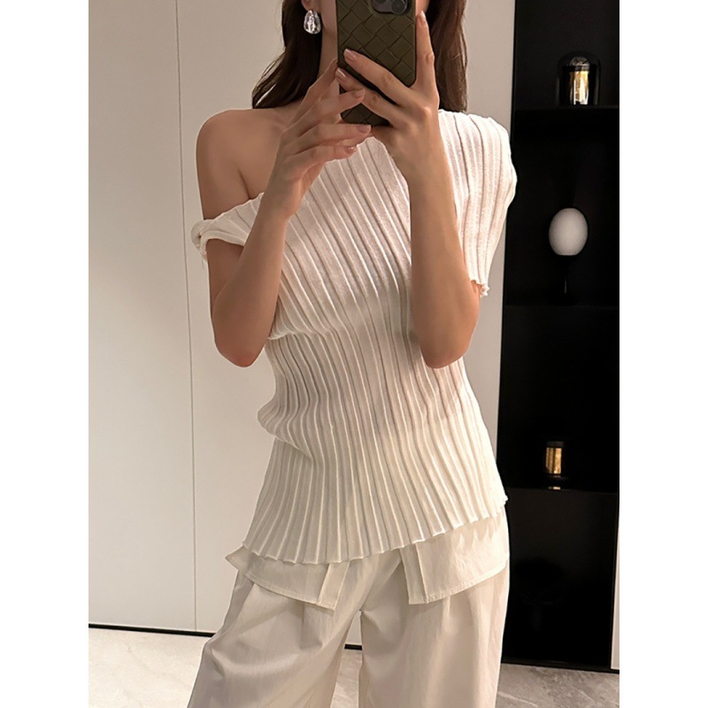 Longmei Asymmetrical Off-Shoulder Ribbed Knit Top for Women 2026 Spring/Summer New Vkc Style Simple One-Shoulder Slim-Fit Top