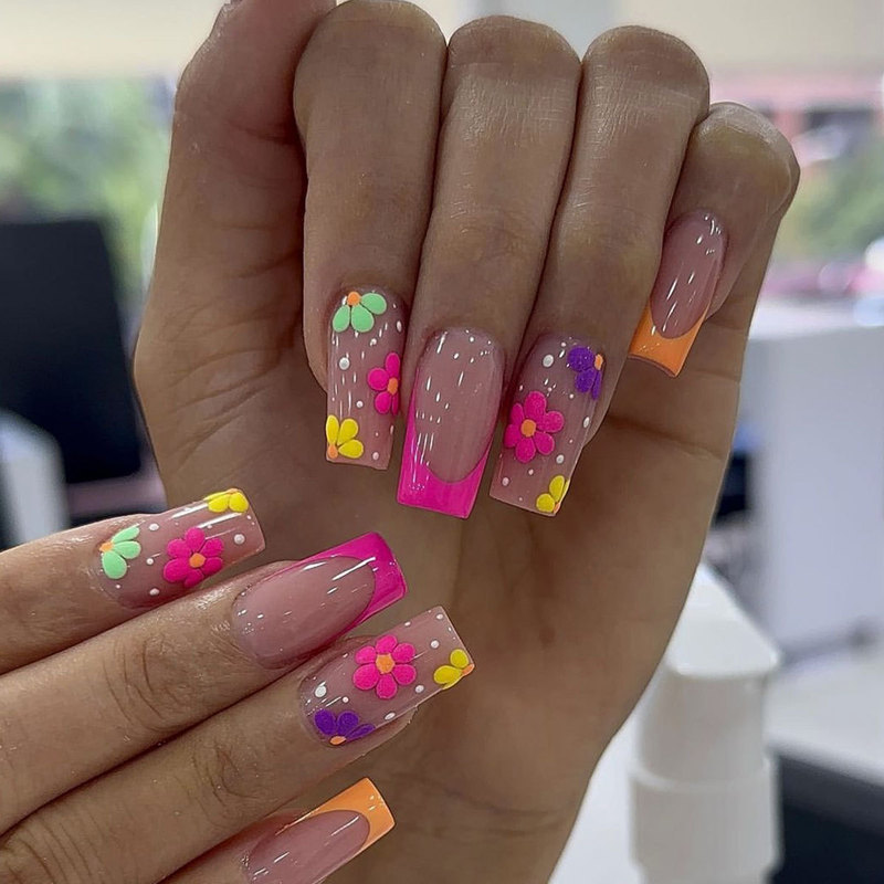 Wear Armor Medium Rectangular Color French Edge Flower Print Nail Art Patch Removable Fake Nail nails