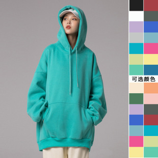 Solid Color Korean Style Casual Hooded Sweatshirt for Fat mm Autumn and Winter Loose Mid-Length Flap Pocket Pants Jacket Candy Color Long-Sleeved Top