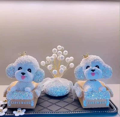 Car ornaments center console Diamond-embedded shaking - crown-diamond-teddy-dog-2-pieces-4-diamond-balls-with-gypsophila-daisy-cushion-in-the-lower-left-corner-10-glue