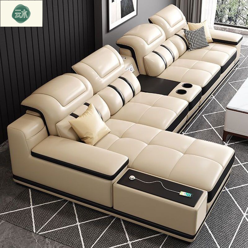Genuine Leather Sofa, Modern and Simple, Multifunctional Corner Chaise Lounge Combination Sofa for Living Room, Luxurious Deep-Seated Sofa for Home Use