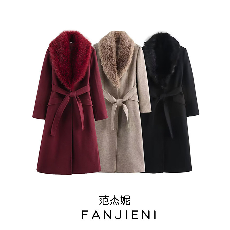 ZR foreign trade wholesale European and American style women's new temperament with belt warm fur collar tweed coat 9225147