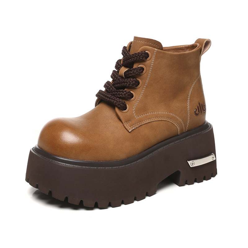 Giày boot nữ đế dày tăng chiều cao, dây buộc, phong cách đa năng — màu đen