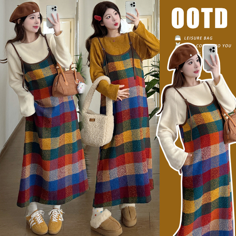 Pregnant Women suit Autumn and Winter New Fashion Korean Loose Lazy Knitted Top Stylish Slimming Plaid Sling Skirt