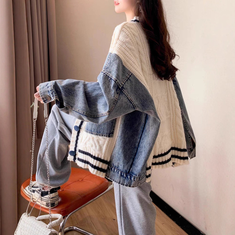 秋冬季新款时尚牛仔拼接针织开衫欧货休闲慵懒风宽松毛衣女装外套|undefined